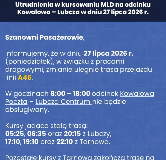 Zmiana trasy linii A46 w dniu 27 lipca 2026