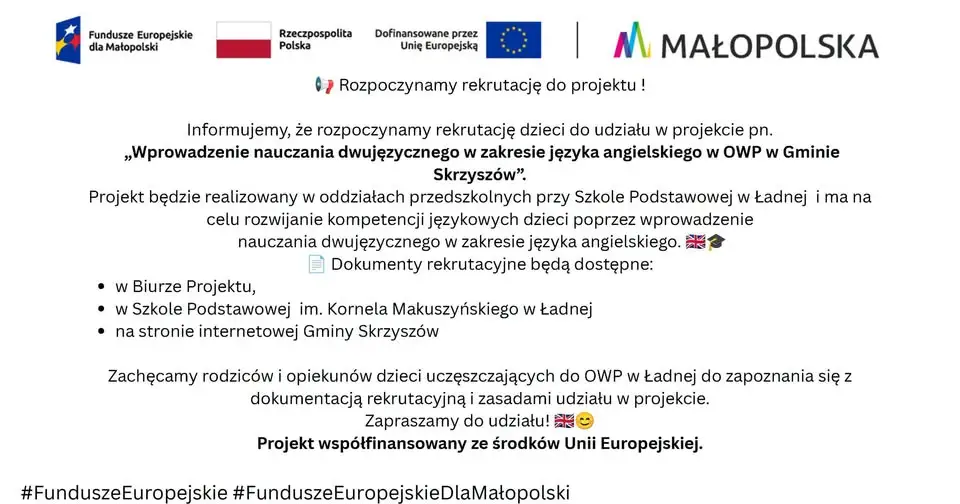 Rusza rekrutacja do projektu dwujęzycznego w Skrzyszowie