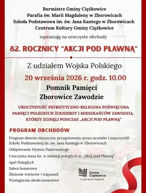 Zborowice: rocznica Akcji pod Pławną. Gmina Ciężkowice zaprasza do wspólnego upamiętnienia