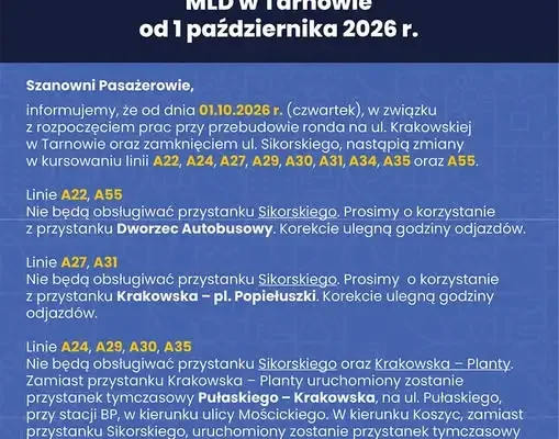 Remont ronda w Tarnowie: zmiany w rozkładach jazdy od 1 października