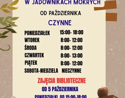 Filia biblioteki w Jadownikach Mokrych zmienia godziny i zaprasza na zajęcia