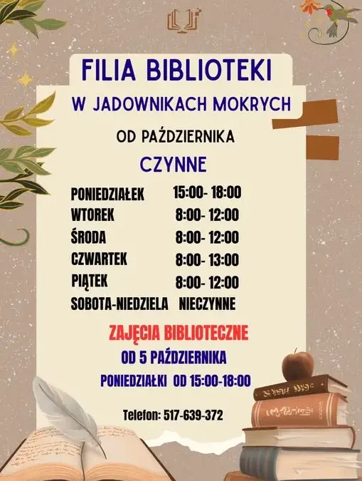 Filia biblioteki w Jadownikach Mokrych zmienia godziny i zaprasza na zajęcia