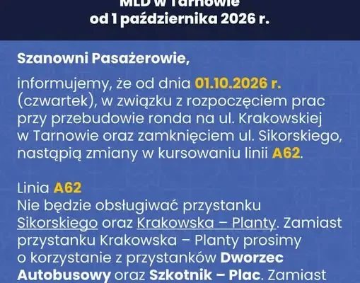 Tarnów: od 1 października zmiany w kursowaniu linii A62. Zamknięta ul. Sikorskiego