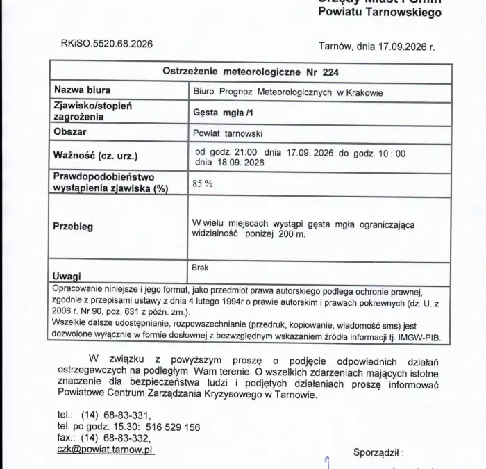 Gęsta mgła nad powiatem tarnowskim – ostrzeżenie IMGW do piątkowego poranka