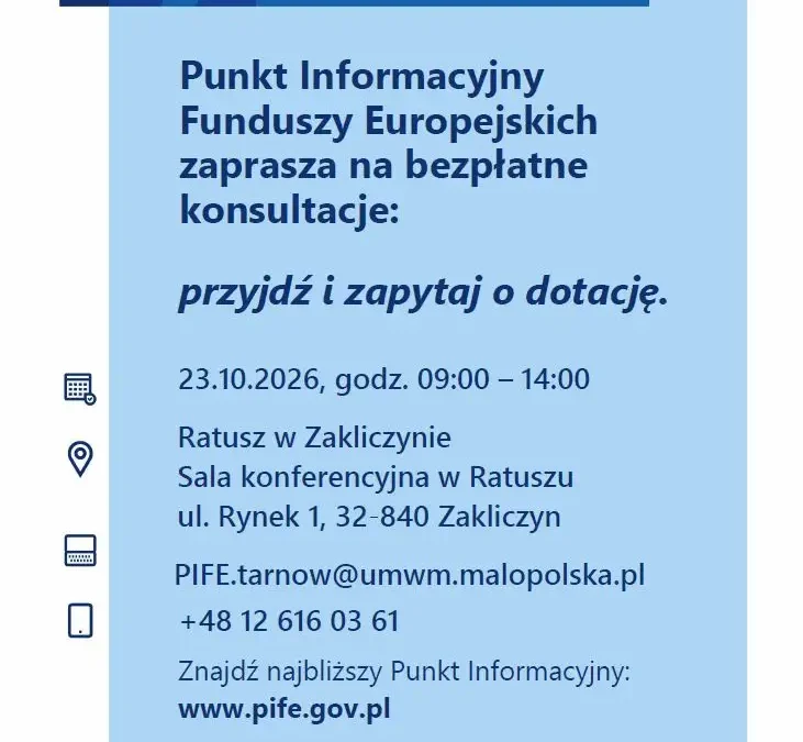 Bezpłatne konsultacje o dotacjach UE w Zakliczynie – 23 października 2026