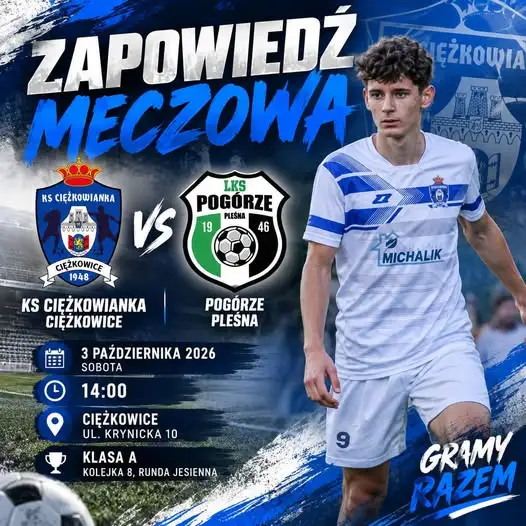KS Ciężkowianka Ciężkowice zagra u siebie z LKS Pogórze Pleśna w 8. kolejce klasy A