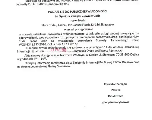 Wody Polskie w Jaśle wszczynają postępowanie wodnoprawne dla Huty Szkła Ładna