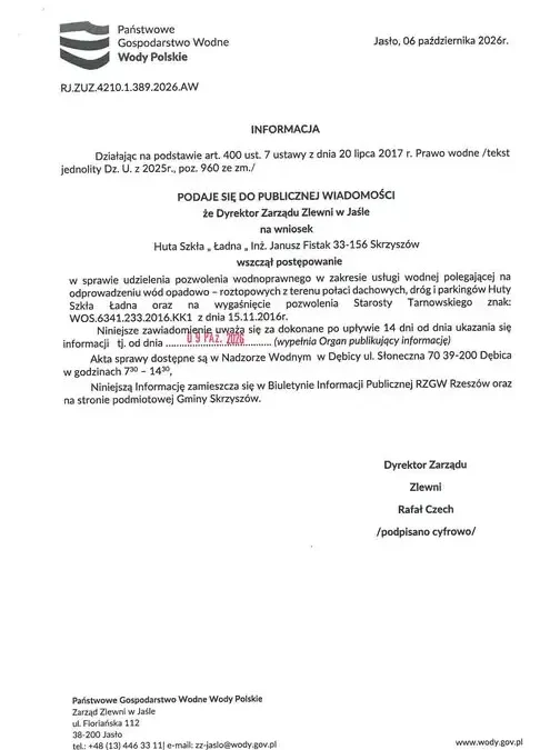 Wody Polskie w Jaśle wszczynają postępowanie wodnoprawne dla Huty Szkła Ładna
