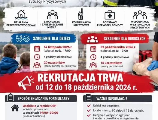 Bezpłatne szkolenia z reagowania w kryzysie. OSP Wietrzychowice rekrutuje