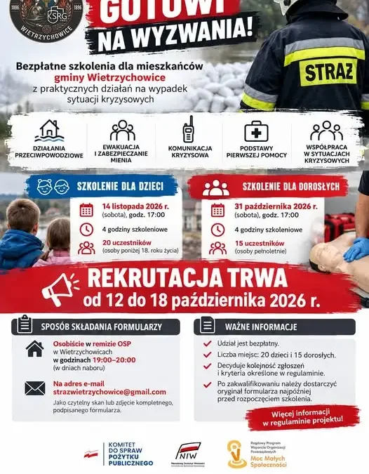 Bezpłatne szkolenia z reagowania w kryzysie. OSP Wietrzychowice rekrutuje