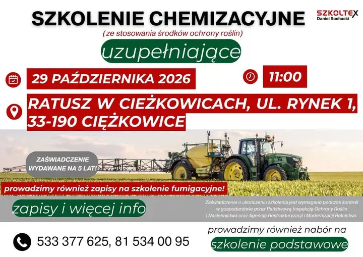 Szkolenie chemizacyjne dla rolników z gminy Ciężkowice – 29 października 2026