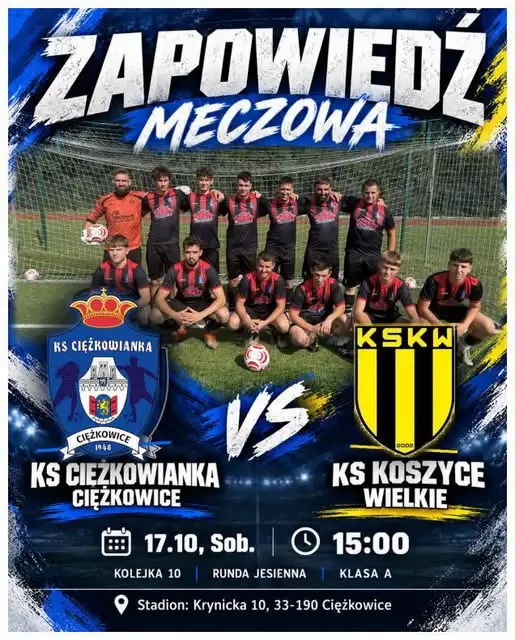 KS Ciężkowianka Ciężkowice zagra z KS Koszyce Wielkie w 10. kolejce Klasy A