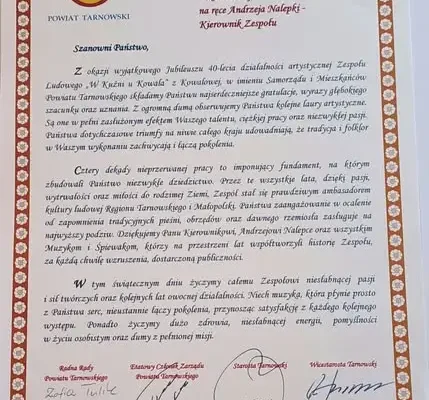 Zespół „W Kuźni u Kowala” z Ryglic nagrodzony przez Starostę Tarnowskiego