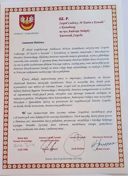 Zespół „W Kuźni u Kowala” z Ryglic nagrodzony przez Starostę Tarnowskiego