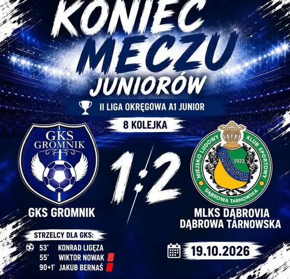 Juniorzy GKS Gromnik przegrywają z Dąbrovią Dąbrowa Tarnowska 1:2