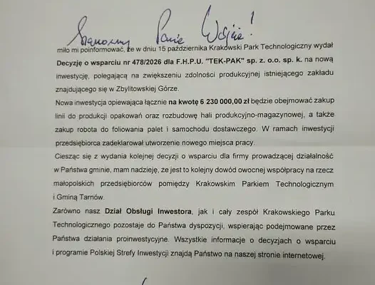 TEK-PAK ze Zbylitowskiej Góry rozbuduje zakład. Krakowski Park Technologiczny wydał decyzję o wsparciu