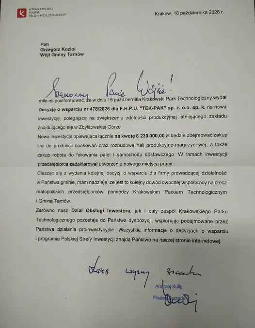TEK-PAK ze Zbylitowskiej Góry rozbuduje zakład. Krakowski Park Technologiczny wydał decyzję o wsparciu
