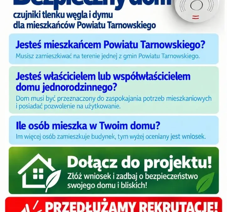 Powiat Tarnowski przedłuża nabór do programu „Bezpieczny Dom” – czujniki czadu i dymu z montażem