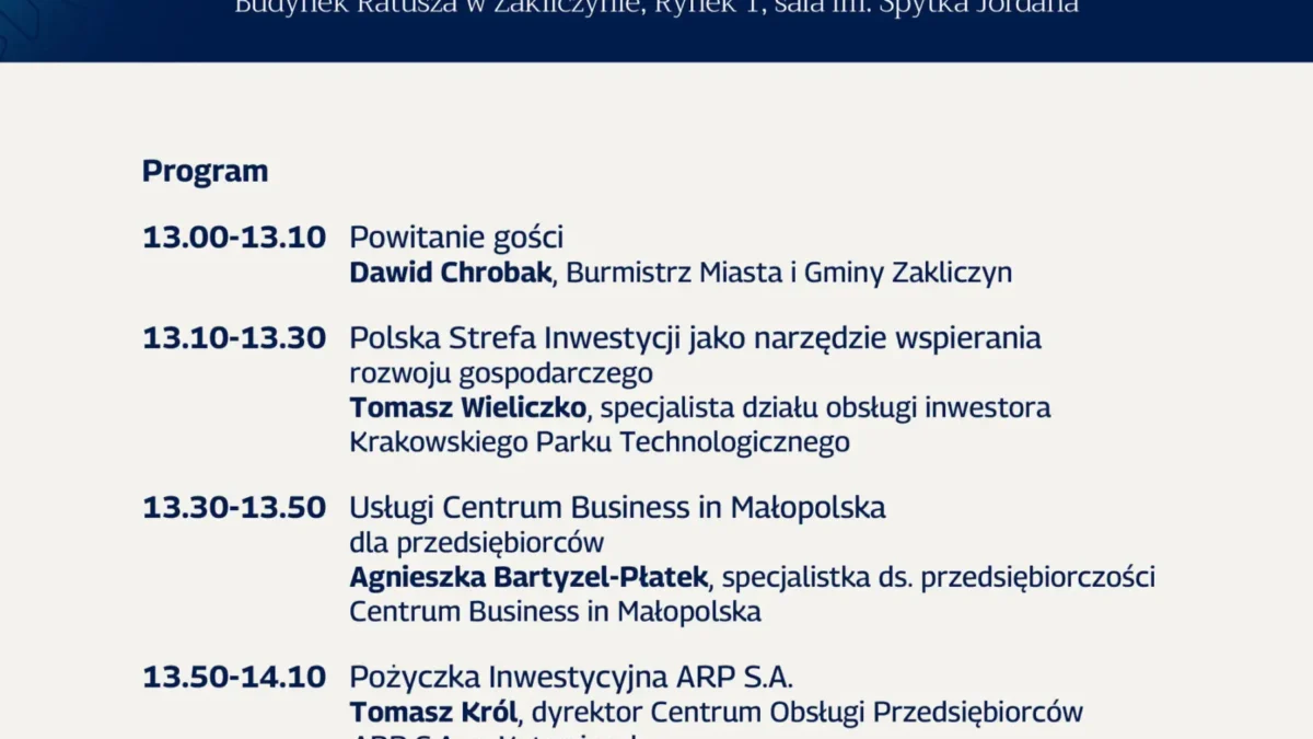 Zakliczyn: spotkanie o ulgach i finansowaniu firm – 22 października